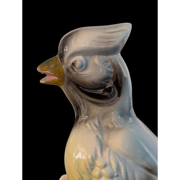 Vintage Porcelain Blue Jay Bird Figurine Japan Stump 10" Tall Leaves Singing - Picture 6 of 12